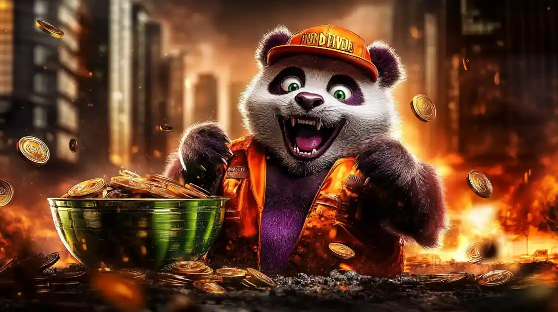 A cheerful panda character surrounded by golden coins, symbolizing wealth and good fortune with tk333.