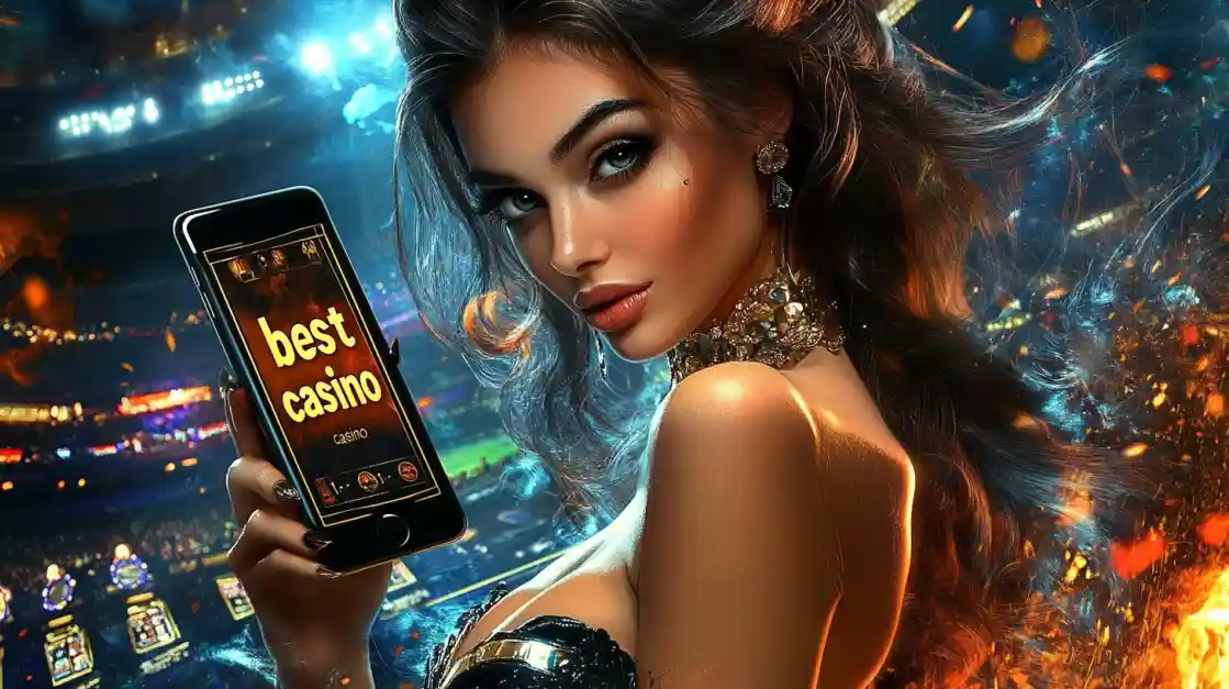 A woman holding a phone showcasing the tk333 casino app in a vibrant stadium-like setting.