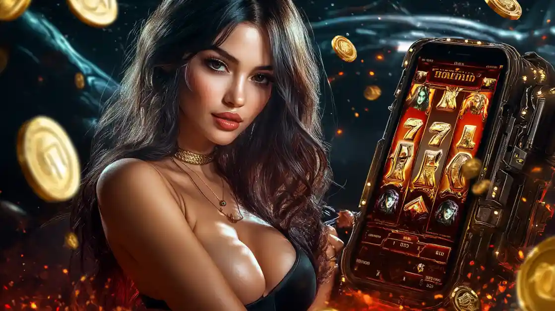 A confident woman holds a smartphone displaying a tk333 mobile slot game with 777 symbols and golden coins.